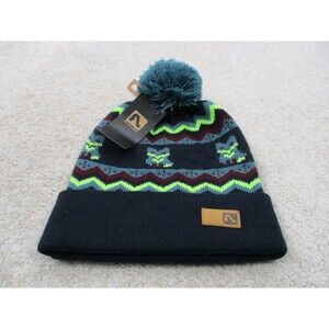 Flylow Hat Cap Beanie Midnight Blue Green One Size Stretch Winter Revival Pom
